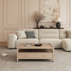 Table basse carrée 114 cm, 4 tiroirs, bois naturel