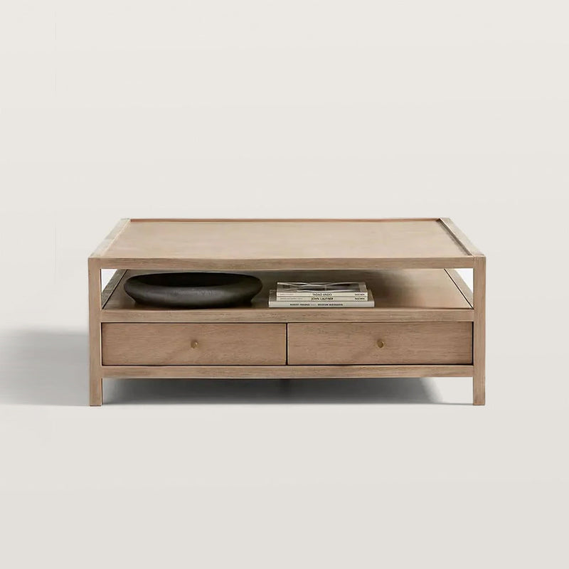 Table basse carrée 114 cm, 4 tiroirs, bois naturel