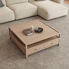 Table basse carrée 114 cm, 4 tiroirs, bois naturel