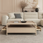 Table basse carrée 114 cm, 4 tiroirs, bois naturel