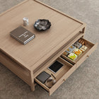 Table basse carrée 114 cm, 4 tiroirs, bois naturel