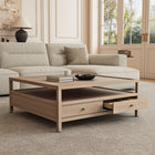 Table basse carrée 114 cm, 4 tiroirs, bois naturel