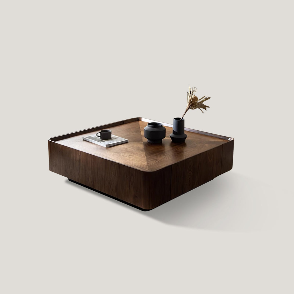 Table basse carrée en bois recomposé, cerclage métal