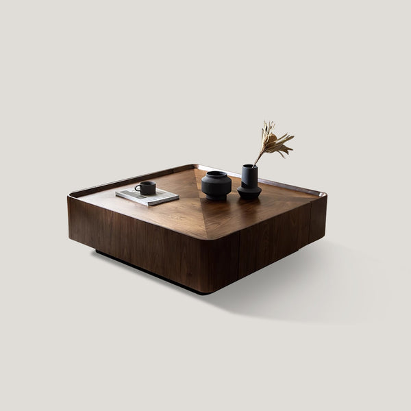 Table basse carrée en bois recomposé, cerclage métal