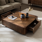 Table basse carrée en bois recomposé, cerclage métal