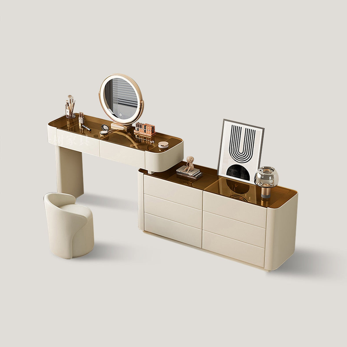 Coiffeuse plateau verre et 8 tiroirs