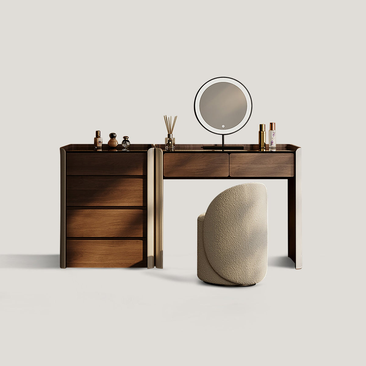 Coiffeuse en noyer, miroir lumineux et meuble à bijoux