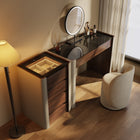 Coiffeuse en noyer, miroir lumineux et meuble à bijoux