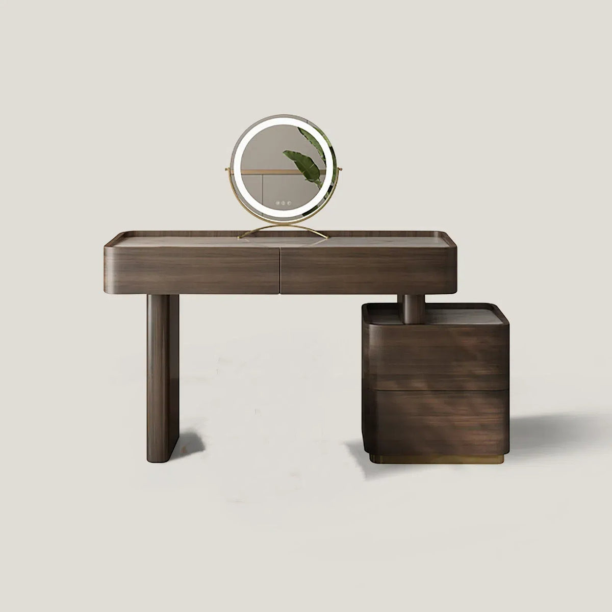 Coiffeuse mid-century plateau marbre et miroir LED rond