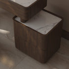 Coiffeuse mid-century plateau marbre et miroir LED rond