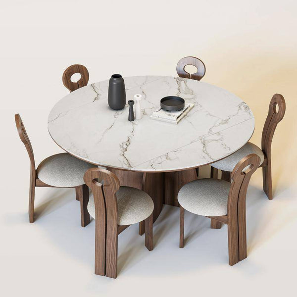 Table à manger extensible pied central, plateau grès cérame